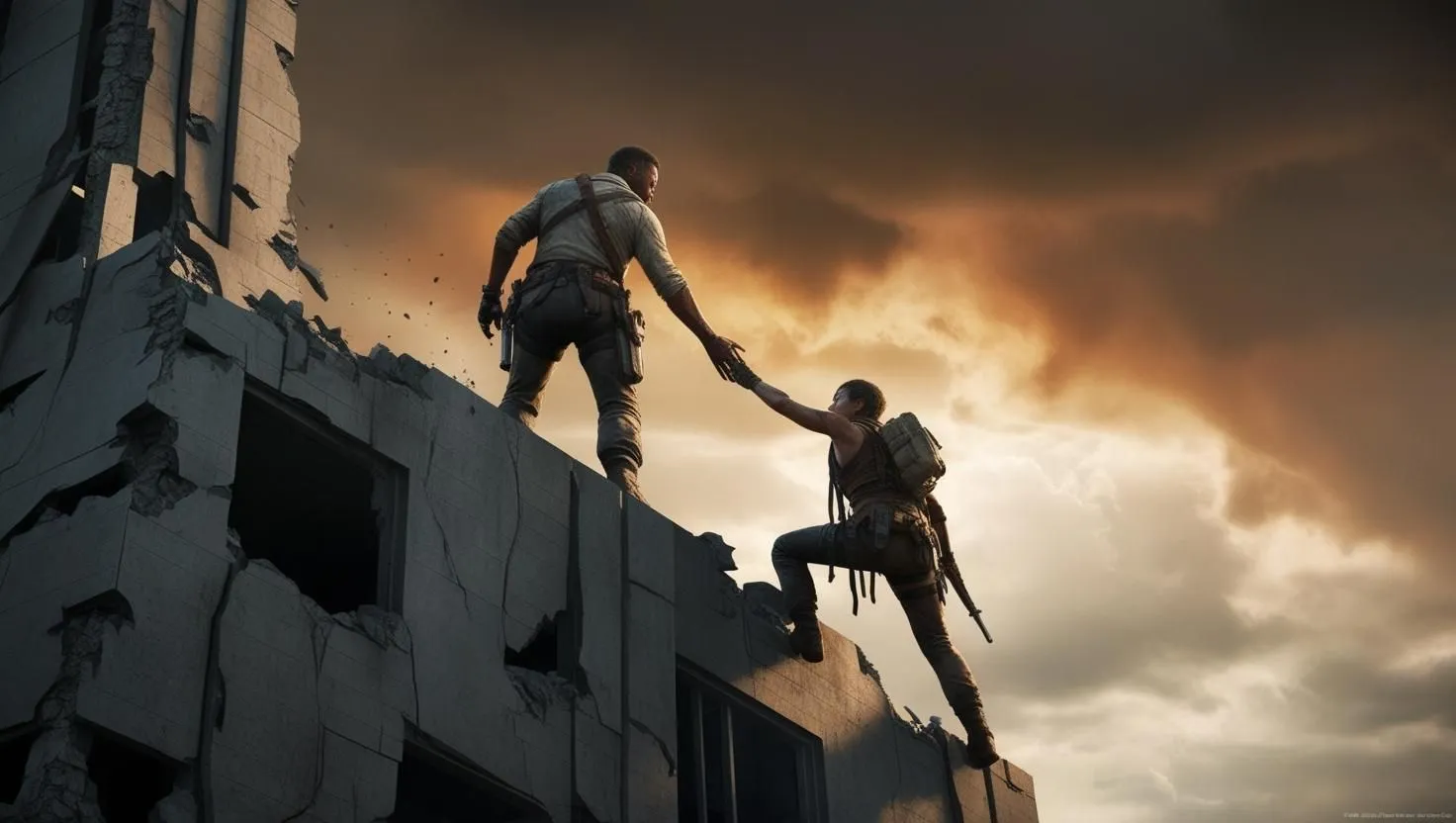 A figure on a crumbling rooftop reaches down to help another climb up, against a dramatic, cloudy sunset backdrop A figure on a crumbling rooftop reaches down to help another climb up, against a dramatic, cloudy sunset backdrop