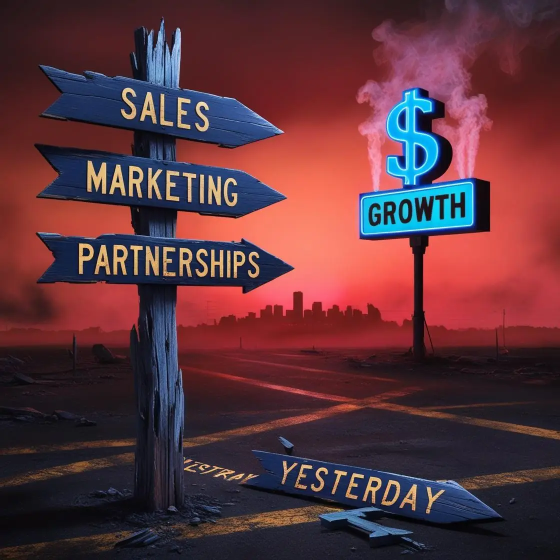 A wooden signpost with arrows for _Sales,_ _Marketing,_ and _Partnerships,_ beside a neon _Growth_ sign against a dark skyline