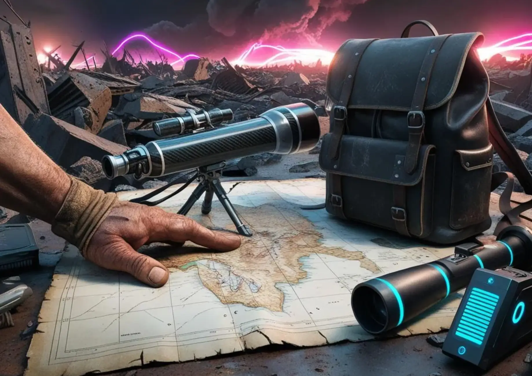 The image is of his hand pressing down on the map on a broken table The image is of his hand pressing down on the map on a broken table